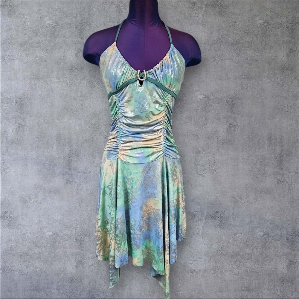 Vintage 90s CoMe Como Pastel Metallic Floral Asymmetric Halter Dress Large K31